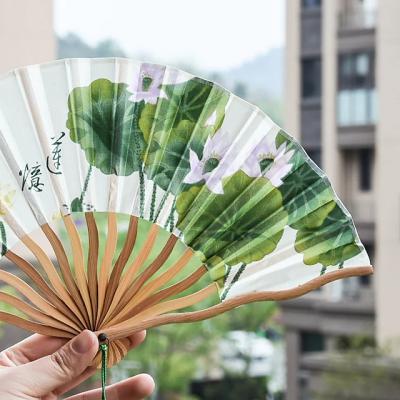 Folding Fan Lotus Green Silk C...