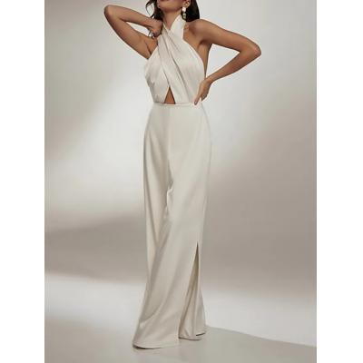 Women's Jumpsuit Backless High Waist Solid Color Halter Neck Elegant Party Wide Leg Regular Fit Sleeveless White