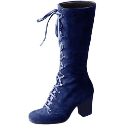 Women's blue leather mid length high boots